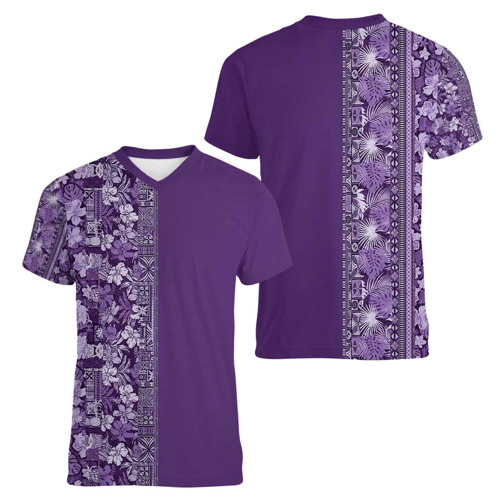 Hawaiian Tribal Elements Hibiscus Women V-Neck T-Shirt Purple Pattern - Polynesian Pride