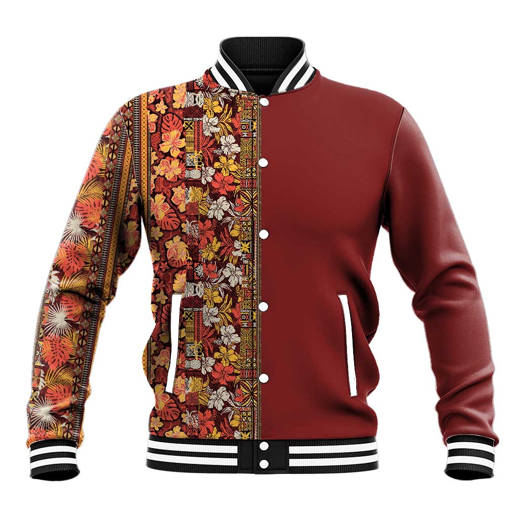 Hawaiian Tribal Elements Hibiscus Baseball Jacket Red Pattern - Polynesian Pride