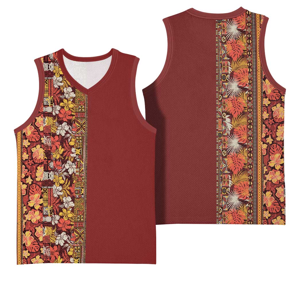 Hawaiian Tribal Elements Hibiscus Basketball Jersey Red Pattern - Polynesian Pride