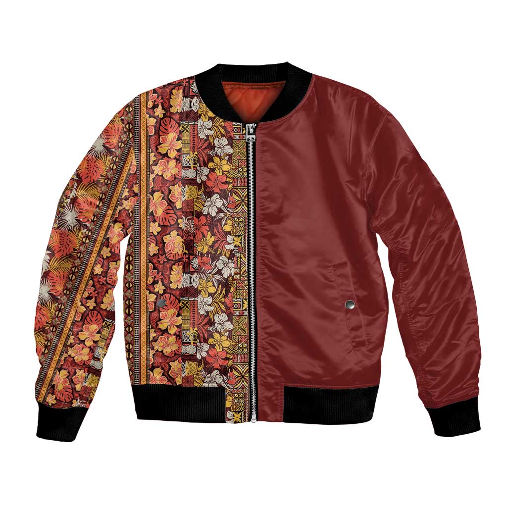 Hawaiian Tribal Elements Hibiscus Bomber Jacket Red Pattern - Polynesian Pride