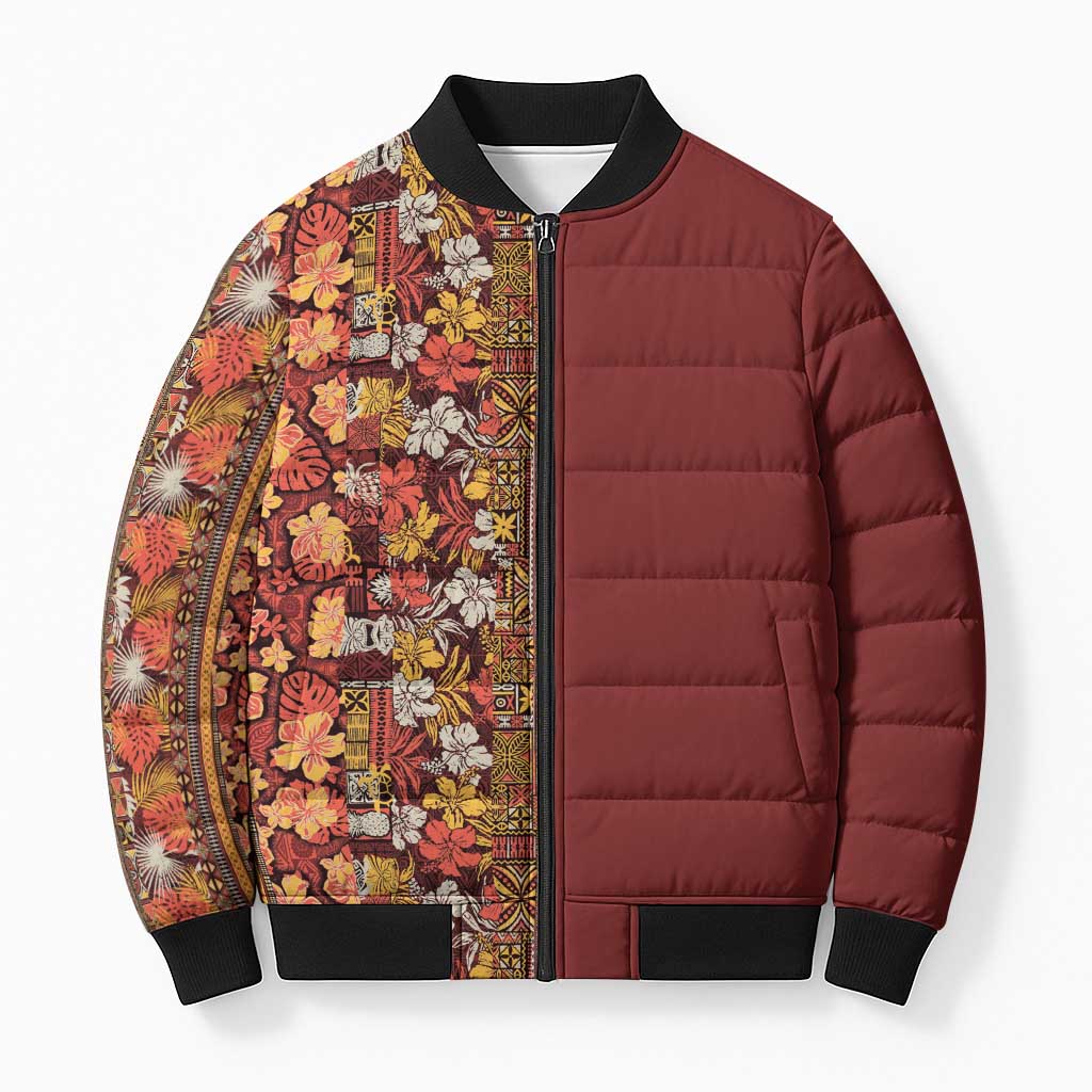 Hawaiian Tribal Elements Hibiscus Bomber Puffer Jacket Red Pattern - Polynesian Pride