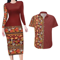 Hawaiian Tribal Elements Hibiscus Couples Matching Long Sleeve Bodycon Dress and Hawaiian Shirt Red Pattern - Polynesian Pride