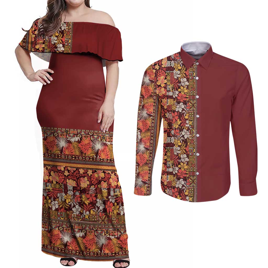 Hawaiian Tribal Elements Hibiscus Couples Matching Off Shoulder Maxi Dress and Long Sleeve Button Shirt Red Pattern - Polynesian Pride