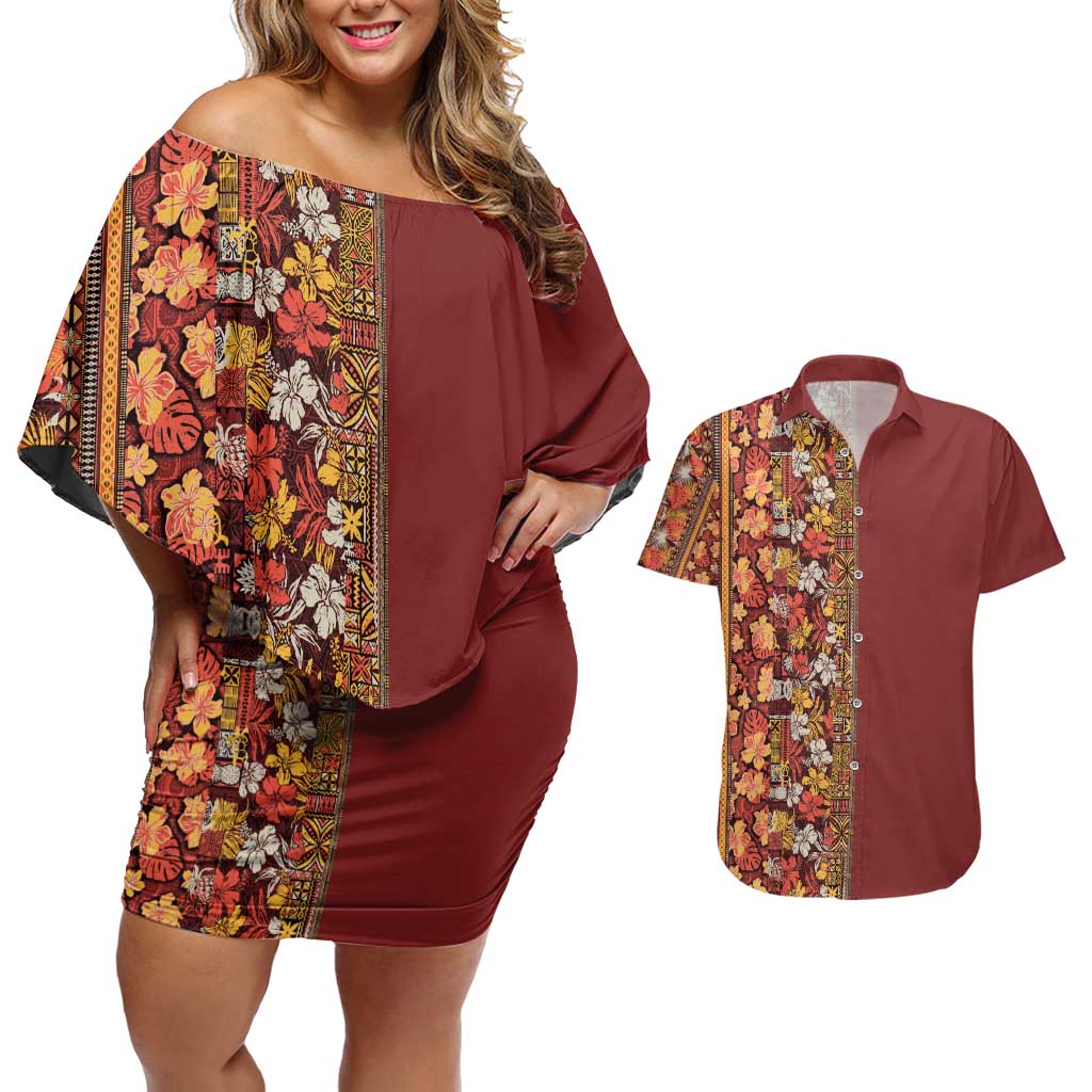 Hawaiian Tribal Elements Hibiscus Couples Matching Off Shoulder Short Dress and Hawaiian Shirt Red Pattern - Polynesian Pride