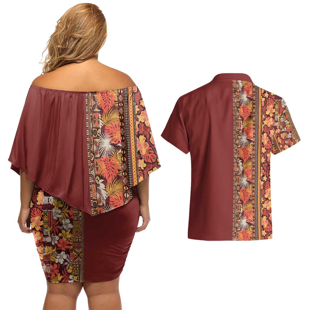 Hawaiian Tribal Elements Hibiscus Couples Matching Off Shoulder Short Dress and Hawaiian Shirt Red Pattern - Polynesian Pride