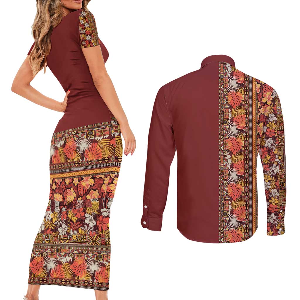 Hawaiian Tribal Elements Hibiscus Couples Matching Short Sleeve Bodycon Dress and Long Sleeve Button Shirt Red Pattern - Polynesian Pride