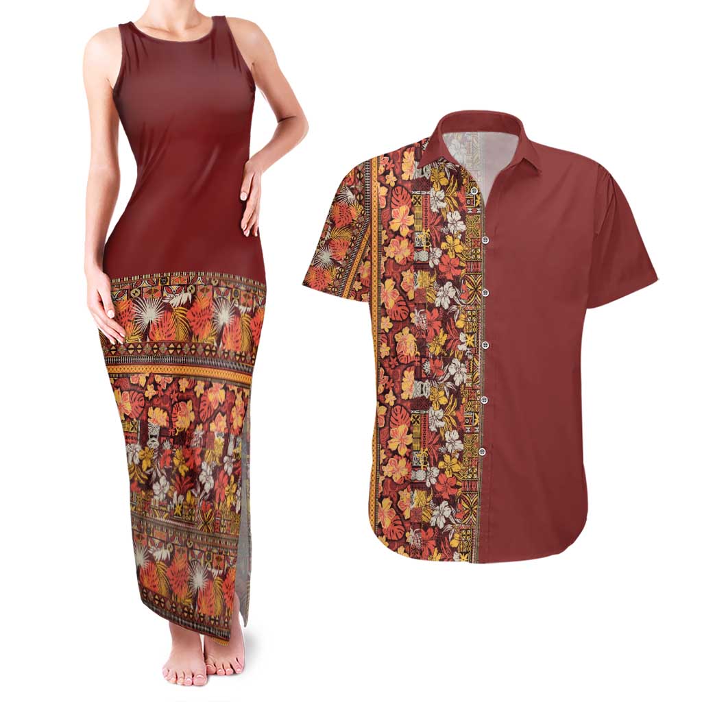 Hawaiian Tribal Elements Hibiscus Couples Matching Tank Maxi Dress and Hawaiian Shirt Red Pattern - Polynesian Pride