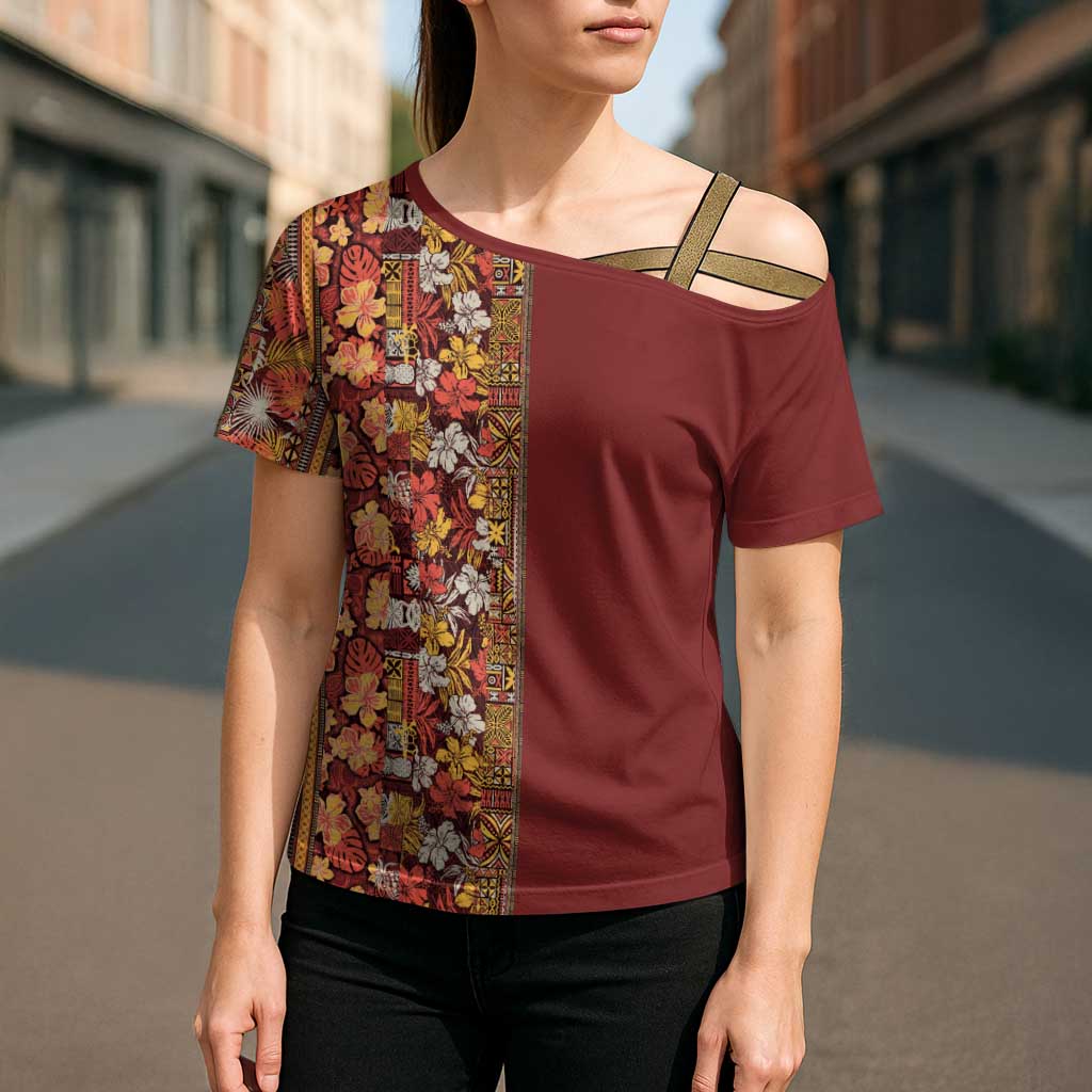 Hawaiian Tribal Elements Hibiscus Cross Shoulder Shirt Red Pattern - Polynesian Pride