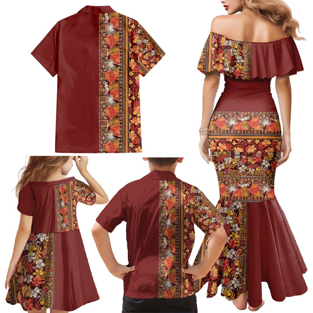 Hawaiian Tribal Elements Hibiscus Family Matching Mermaid Dress and Hawaiian Shirt Red Pattern - Polynesian Pride