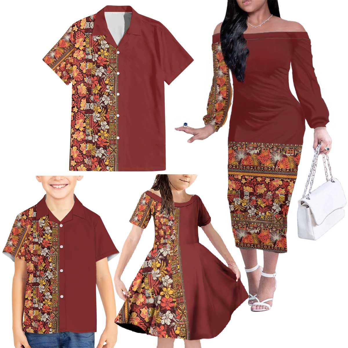Hawaiian Tribal Elements Hibiscus Family Matching Off The Shoulder Long Sleeve Dress and Hawaiian Shirt Red Pattern - Polynesian Pride