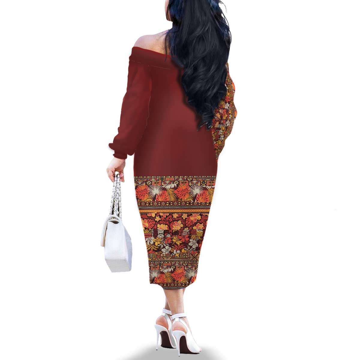 Hawaiian Tribal Elements Hibiscus Family Matching Off The Shoulder Long Sleeve Dress and Hawaiian Shirt Red Pattern - Polynesian Pride