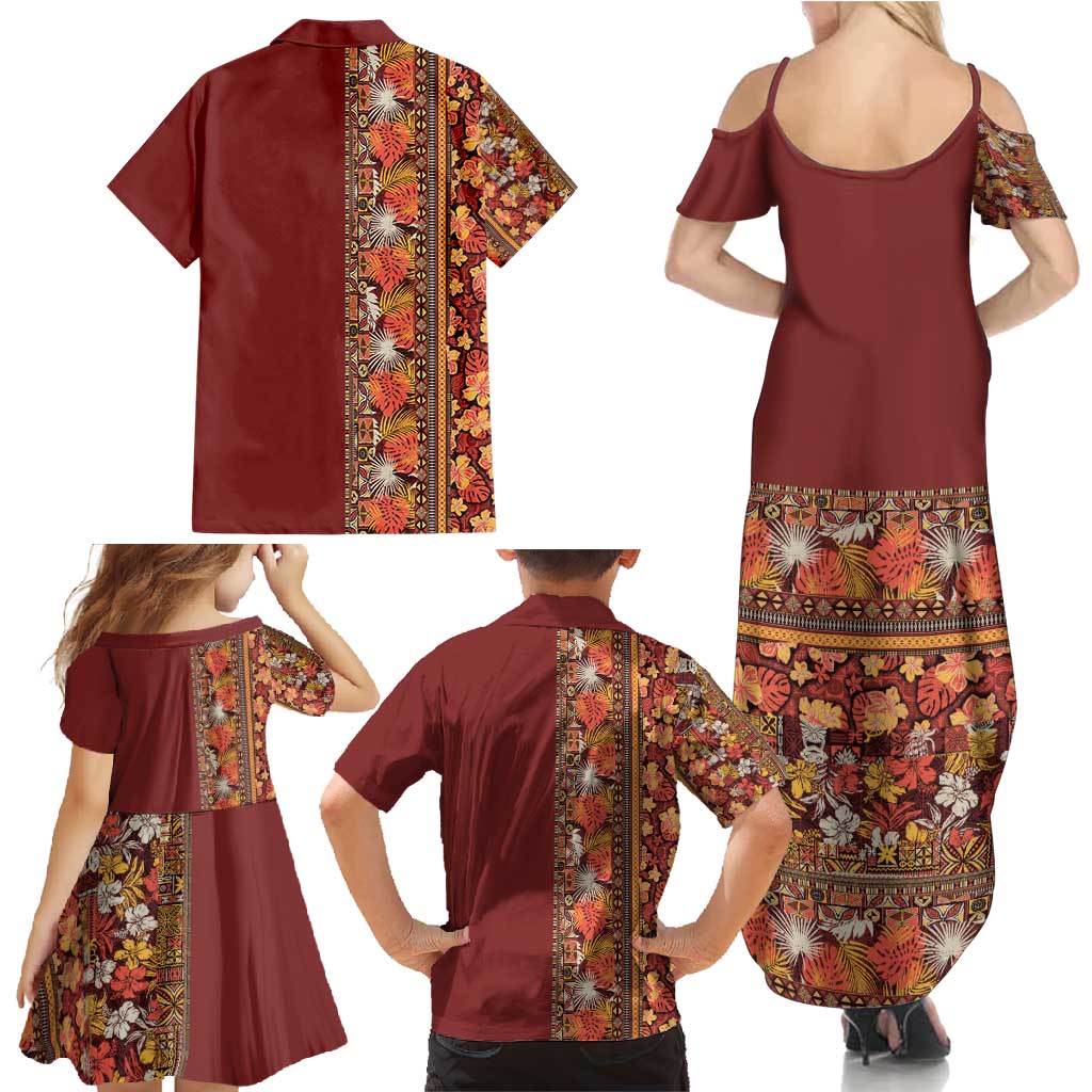 Hawaiian Tribal Elements Hibiscus Family Matching Summer Maxi Dress and Hawaiian Shirt Red Pattern - Polynesian Pride