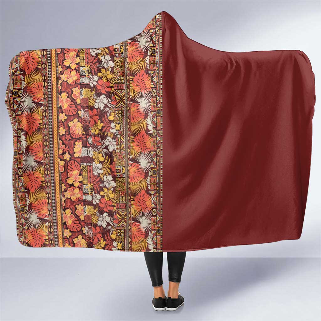 Hawaiian Tribal Elements Hibiscus Hooded Blanket Red Pattern - Polynesian Pride