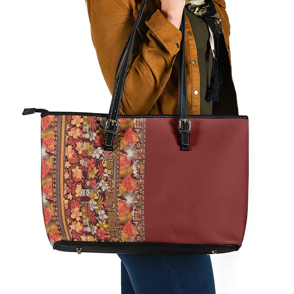 Hawaiian Tribal Elements Hibiscus Leather Tote Bag Red Pattern - Polynesian Pride