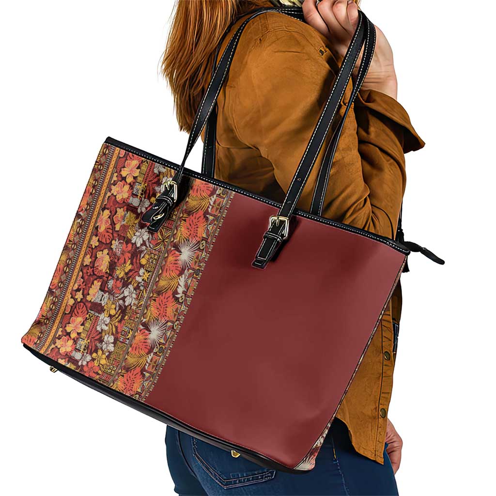 Hawaiian Tribal Elements Hibiscus Leather Tote Bag Red Pattern - Polynesian Pride