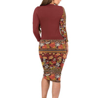 Hawaiian Tribal Elements Hibiscus Long Sleeve Bodycon Dress Red Pattern - Polynesian Pride