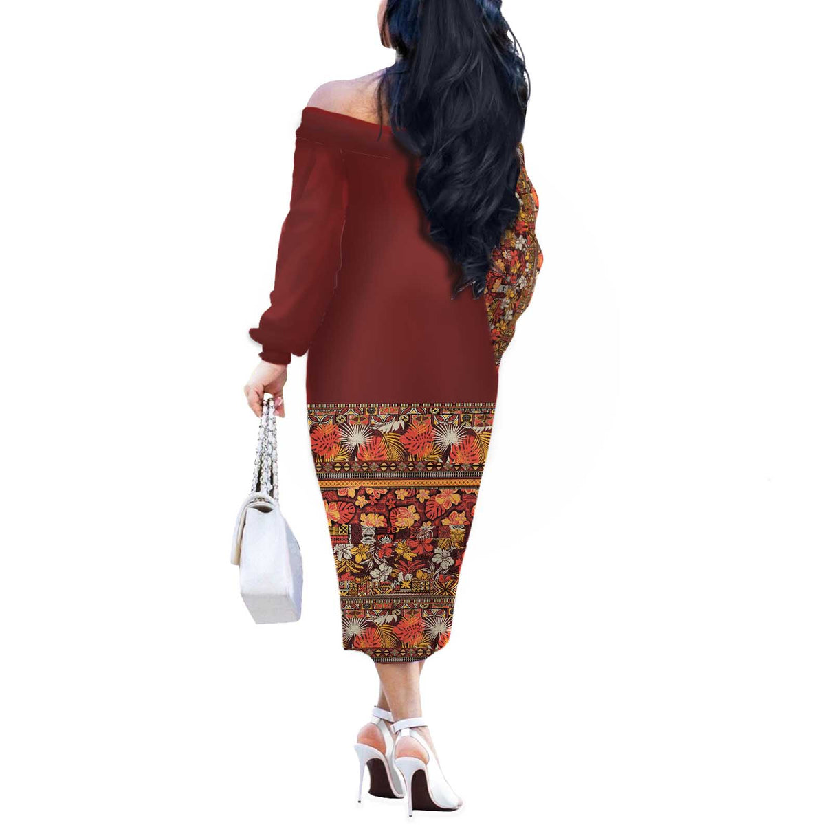 Hawaiian Tribal Elements Hibiscus Off The Shoulder Long Sleeve Dress Red Pattern - Polynesian Pride