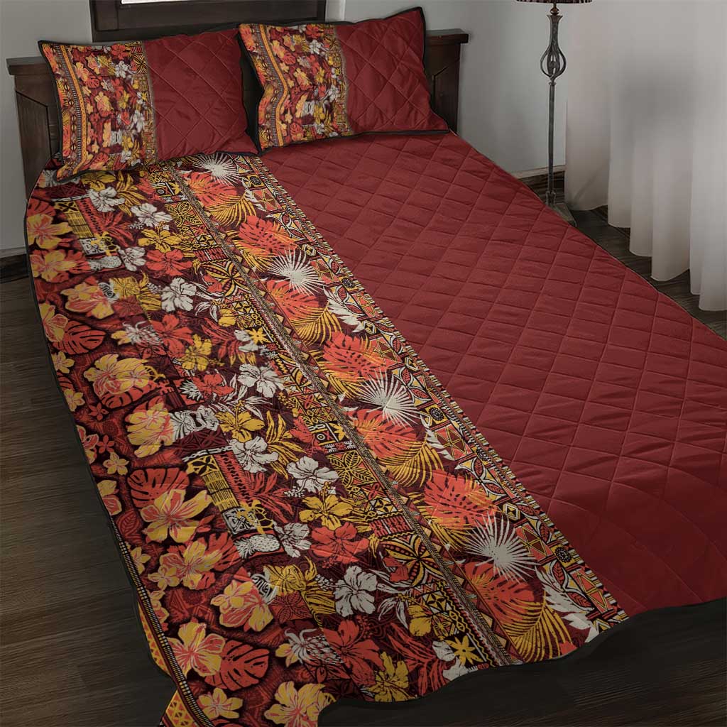 Hawaiian Tribal Elements Hibiscus Quilt Bed Set Red Pattern - Polynesian Pride