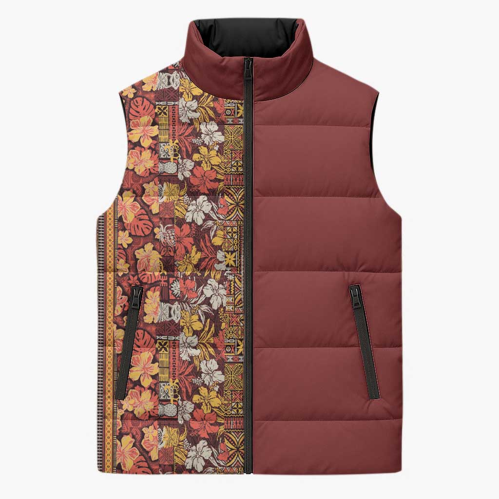 Hawaiian Tribal Elements Hibiscus Sleeveless Puffer Jacket Red Pattern - Polynesian Pride