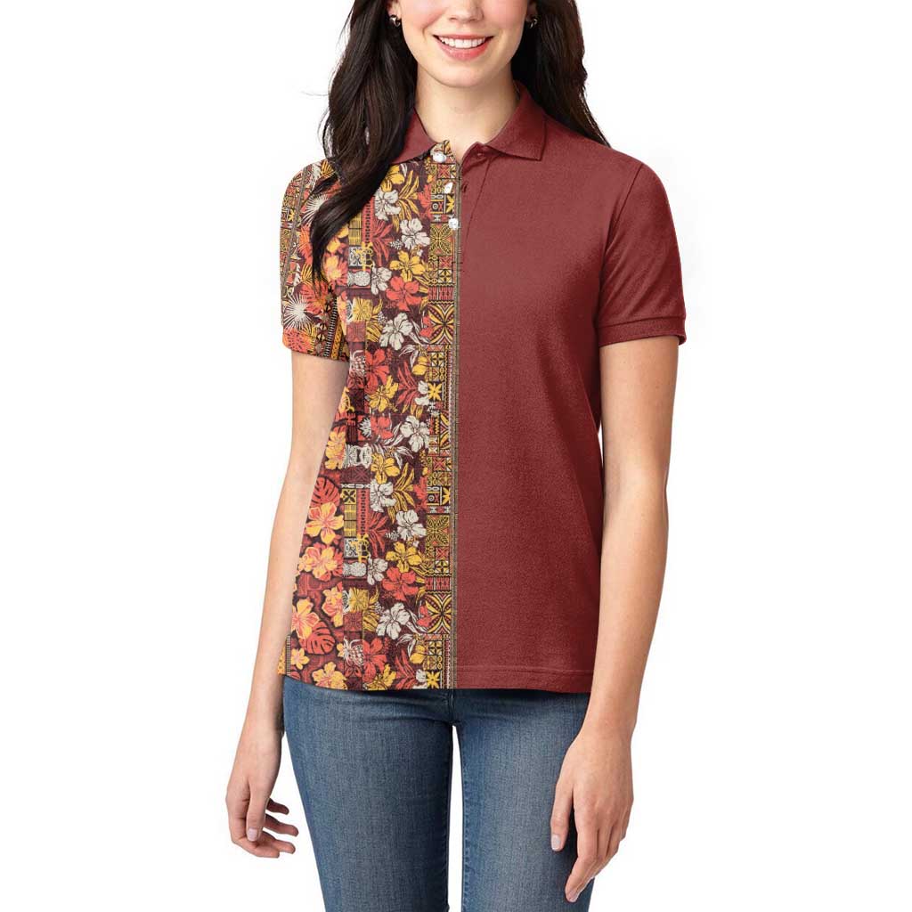 Hawaiian Tribal Elements Hibiscus Women Polo Shirt Red Pattern - Polynesian Pride