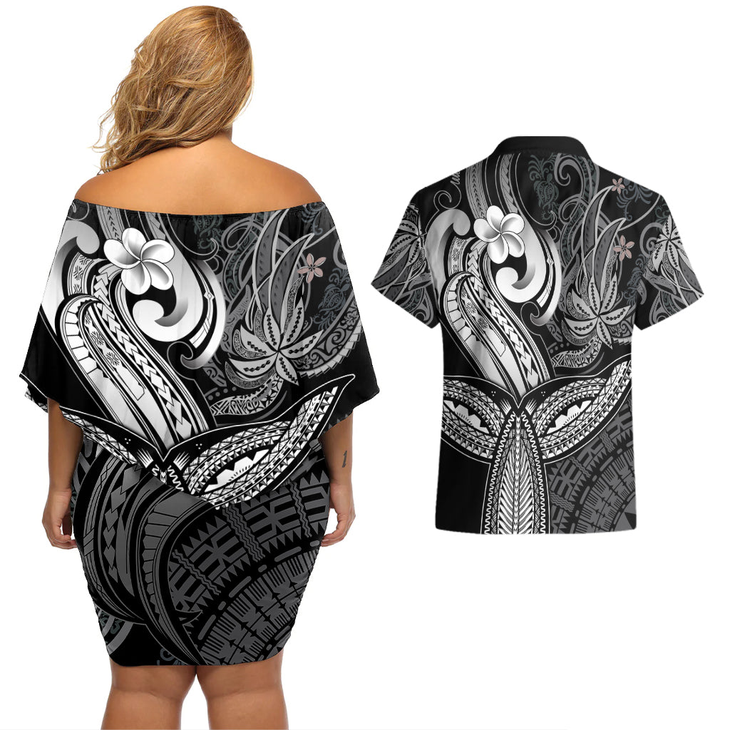 Polynesia Couples Matching Off Shoulder Short Dress and Hawaiian Shirt Whale Tale and Polynesian Sunset Plumeria Black LT9 - Polynesian Pride