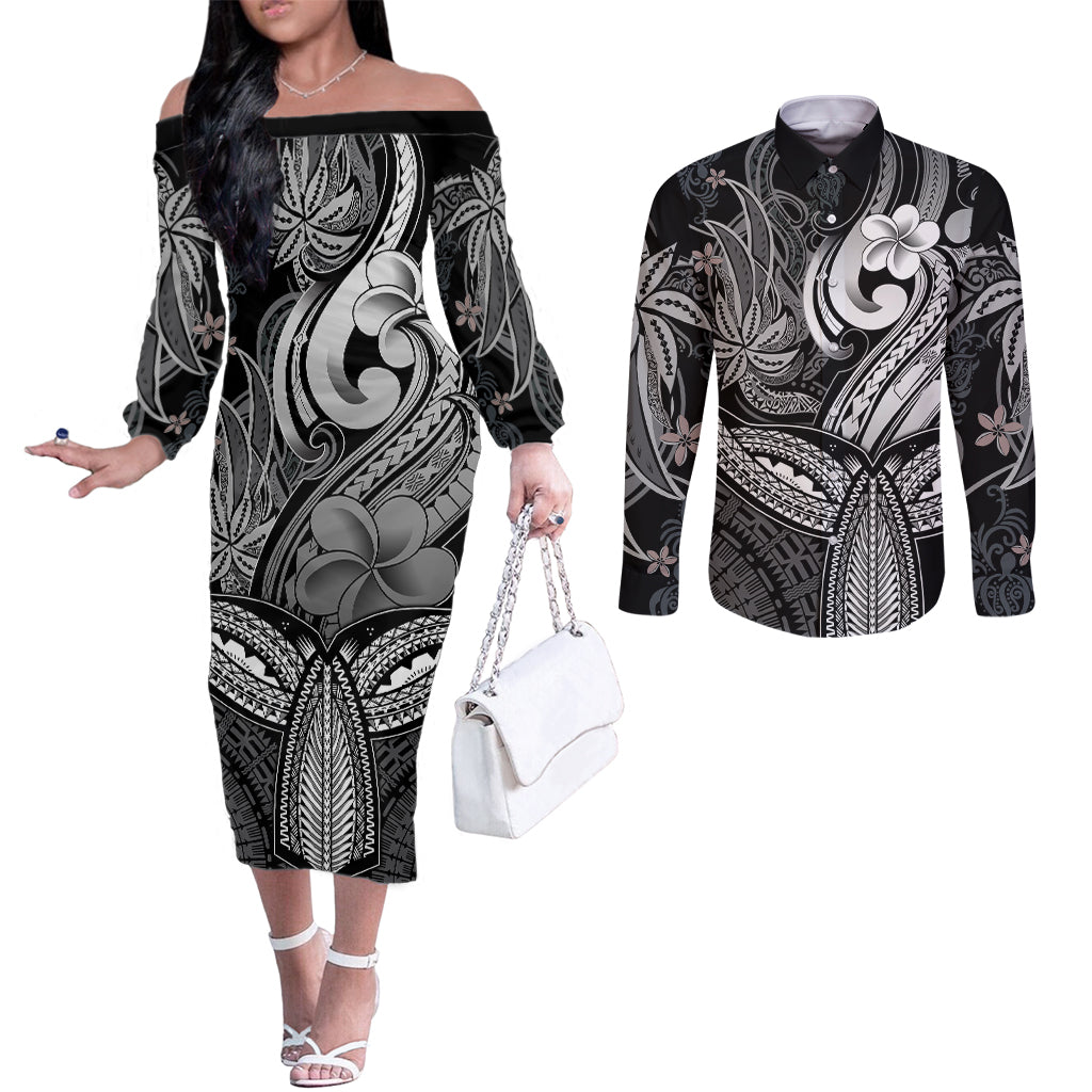 Polynesia Couples Matching Off The Shoulder Long Sleeve Dress and Long Sleeve Button Shirts Whale Tale and Polynesian Sunset Plumeria Black LT9 Black - Polynesian Pride