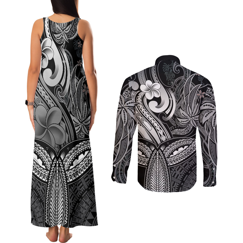 Polynesia Couples Matching Tank Maxi Dress and Long Sleeve Button Shirts Whale Tale and Polynesian Sunset Plumeria Black LT9 - Polynesian Pride