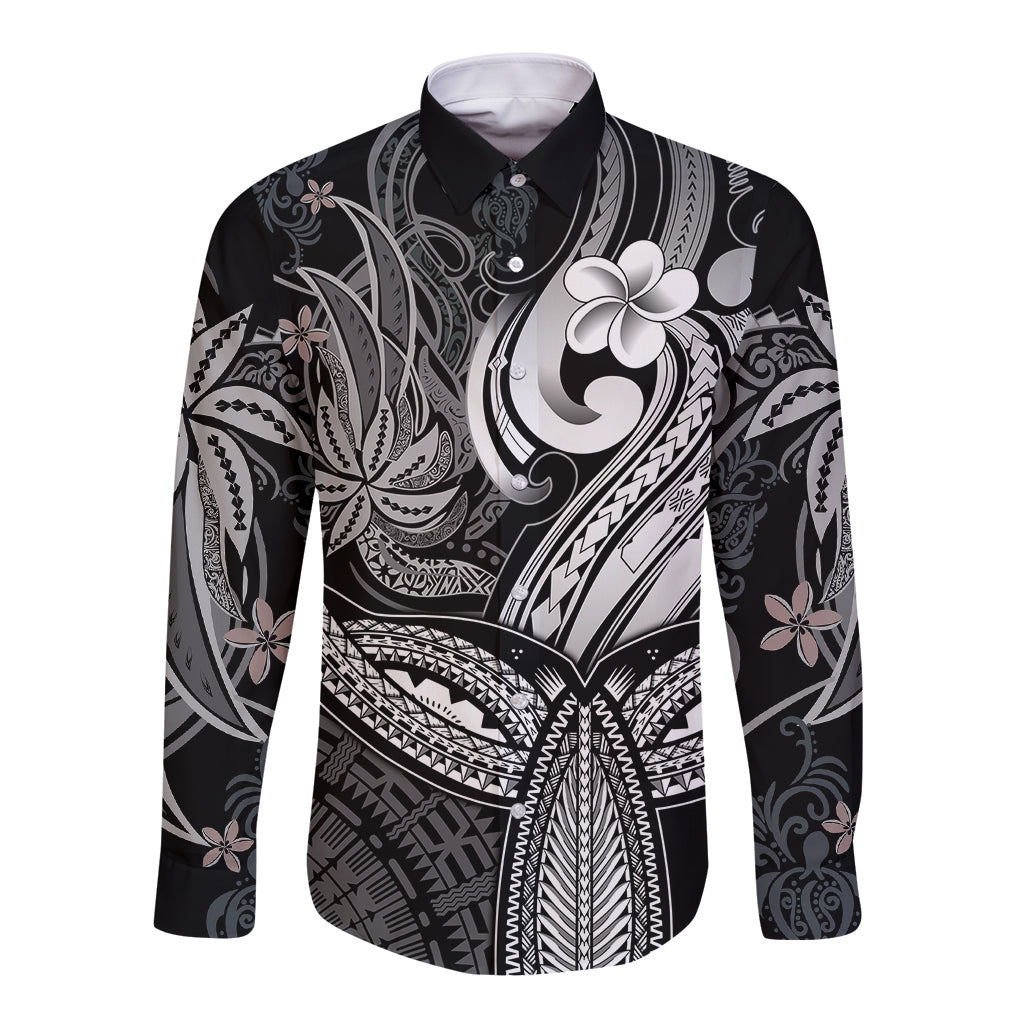 Polynesia Long Sleeve Button Shirt Whale Tale and Polynesian Sunset Plumeria Black LT9 Unisex Black - Polynesian Pride