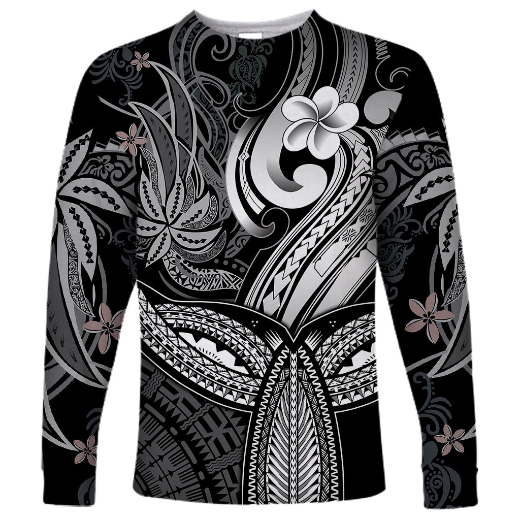 Polynesia Long Sleeve Shirt Whale Tale and Polynesian Sunset Plumeria Black LT9 Unisex Black - Polynesian Pride