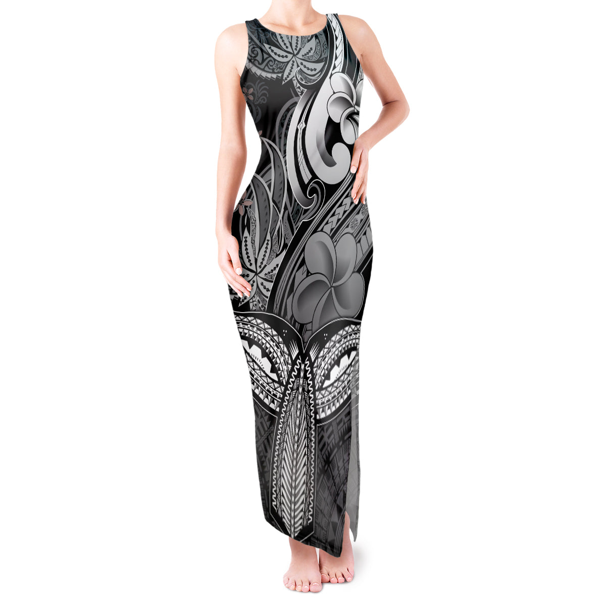 Polynesia Tank Maxi Dress Whale Tale and Polynesian Sunset Plumeria Black LT9 Women Black - Polynesian Pride