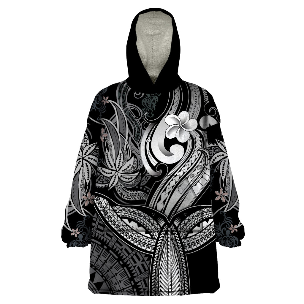 Polynesia Wearable Blanket Hoodie Whale Tale and Polynesian Sunset Plumeria Black LT9 One Size Black - Polynesian Pride