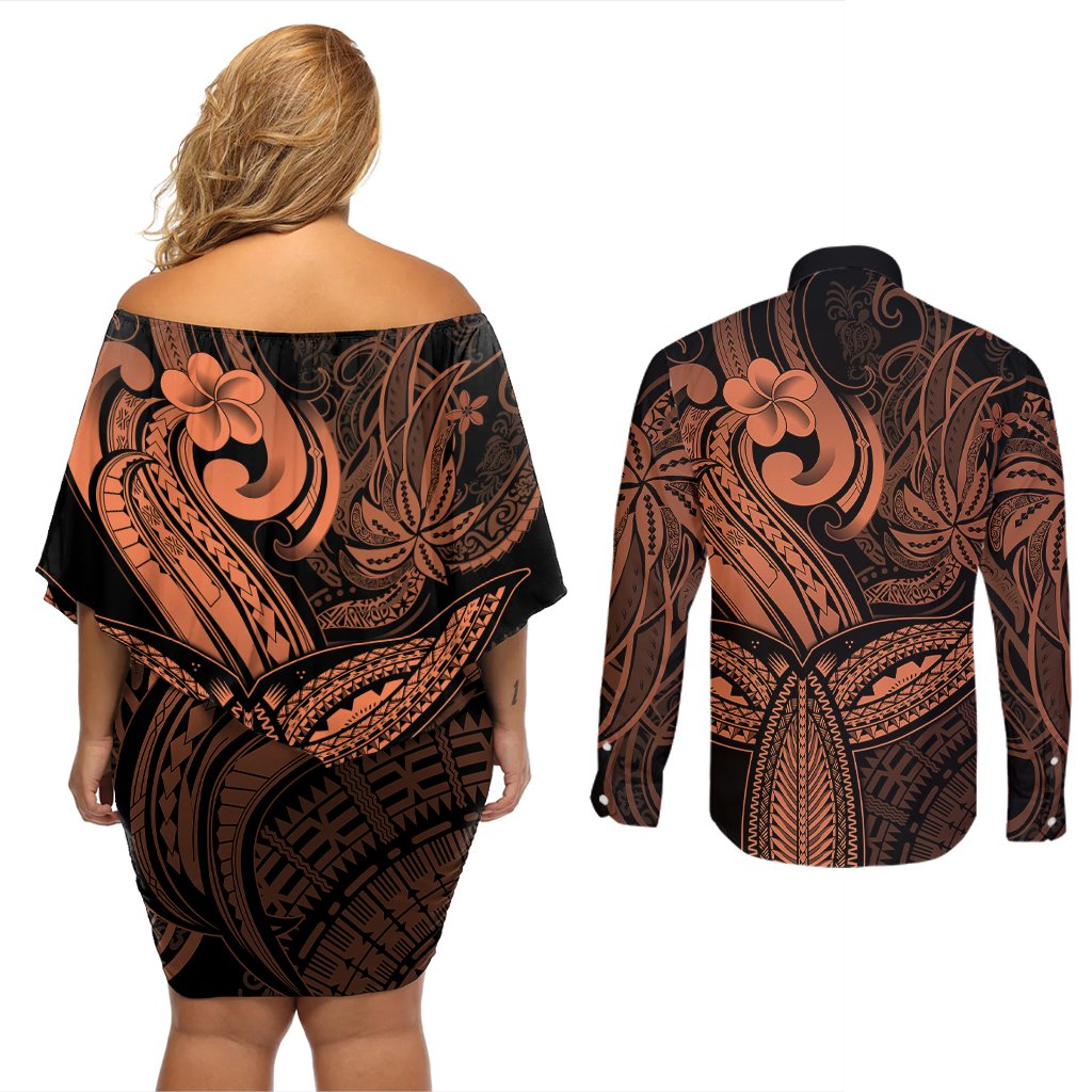Polynesia Couples Matching Off Shoulder Short Dress and Long Sleeve Button Shirts Whale Tale and Polynesian Sunset Plumeria Gold LT9 - Polynesian Pride