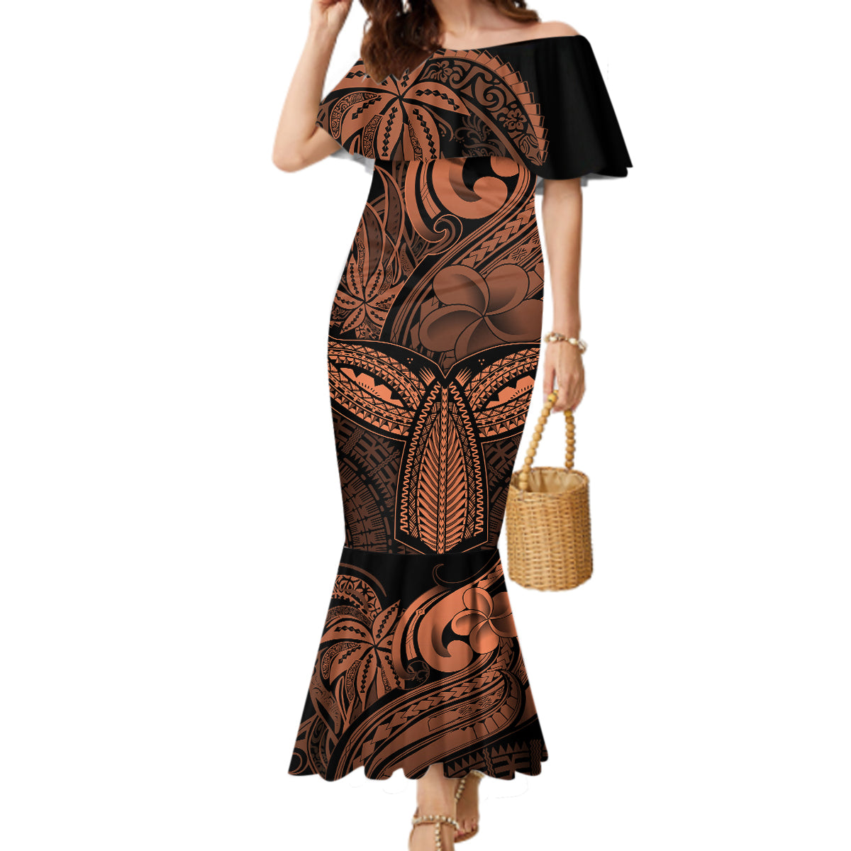 Polynesia Mermaid Dress Whale Tale and Polynesian Sunset Plumeria Gold LT9 Women Gold - Polynesian Pride