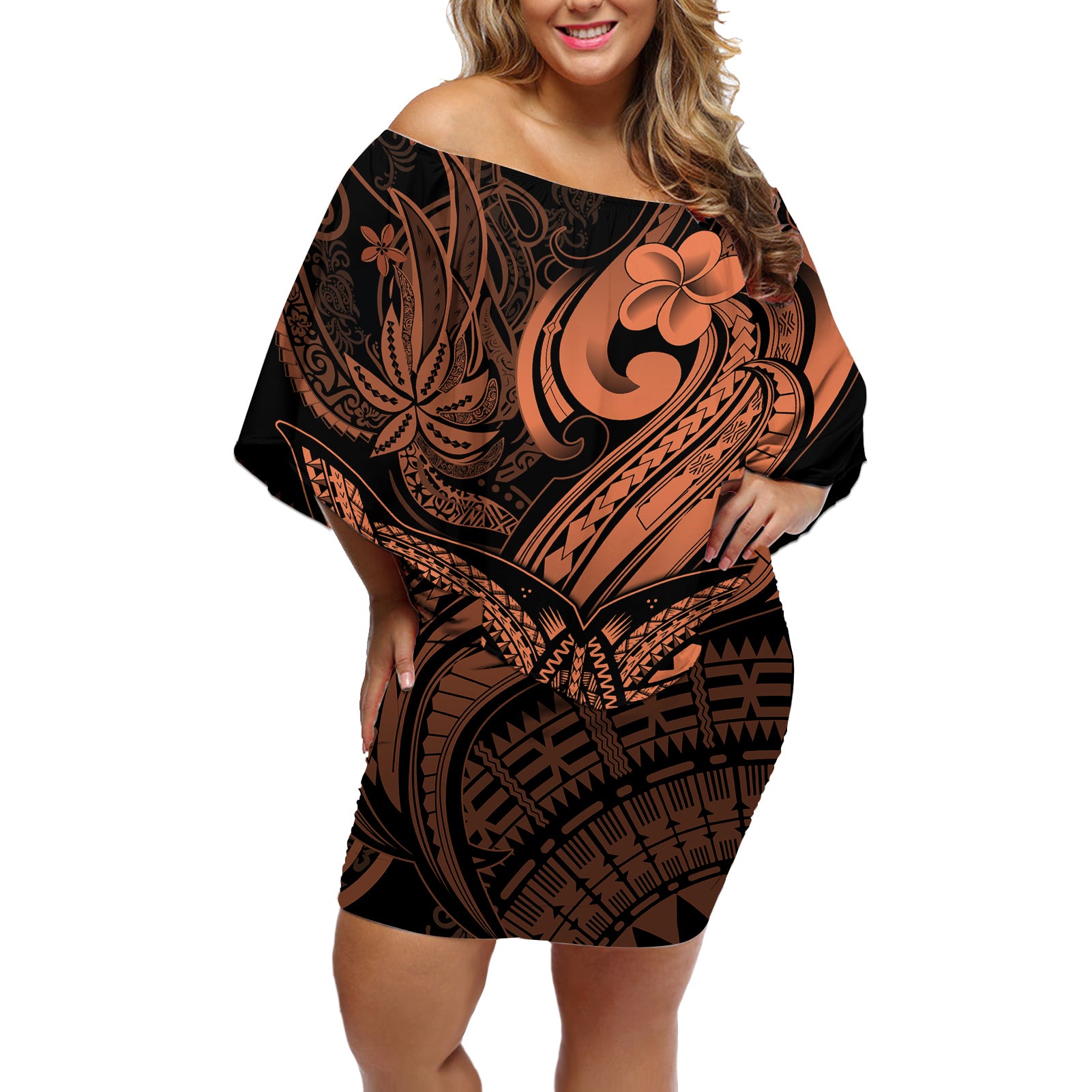 Polynesia Off Shoulder Short Dress Whale Tale and Polynesian Sunset Plumeria Gold LT9 Women Gold - Polynesian Pride