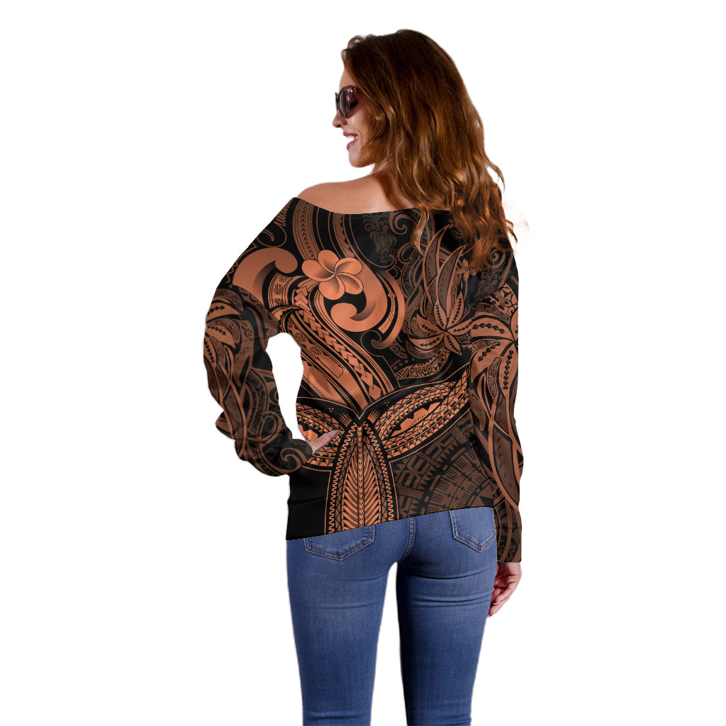 Polynesia Off Shoulder Sweater Whale Tale and Polynesian Sunset Plumeria Gold LT9 - Polynesian Pride