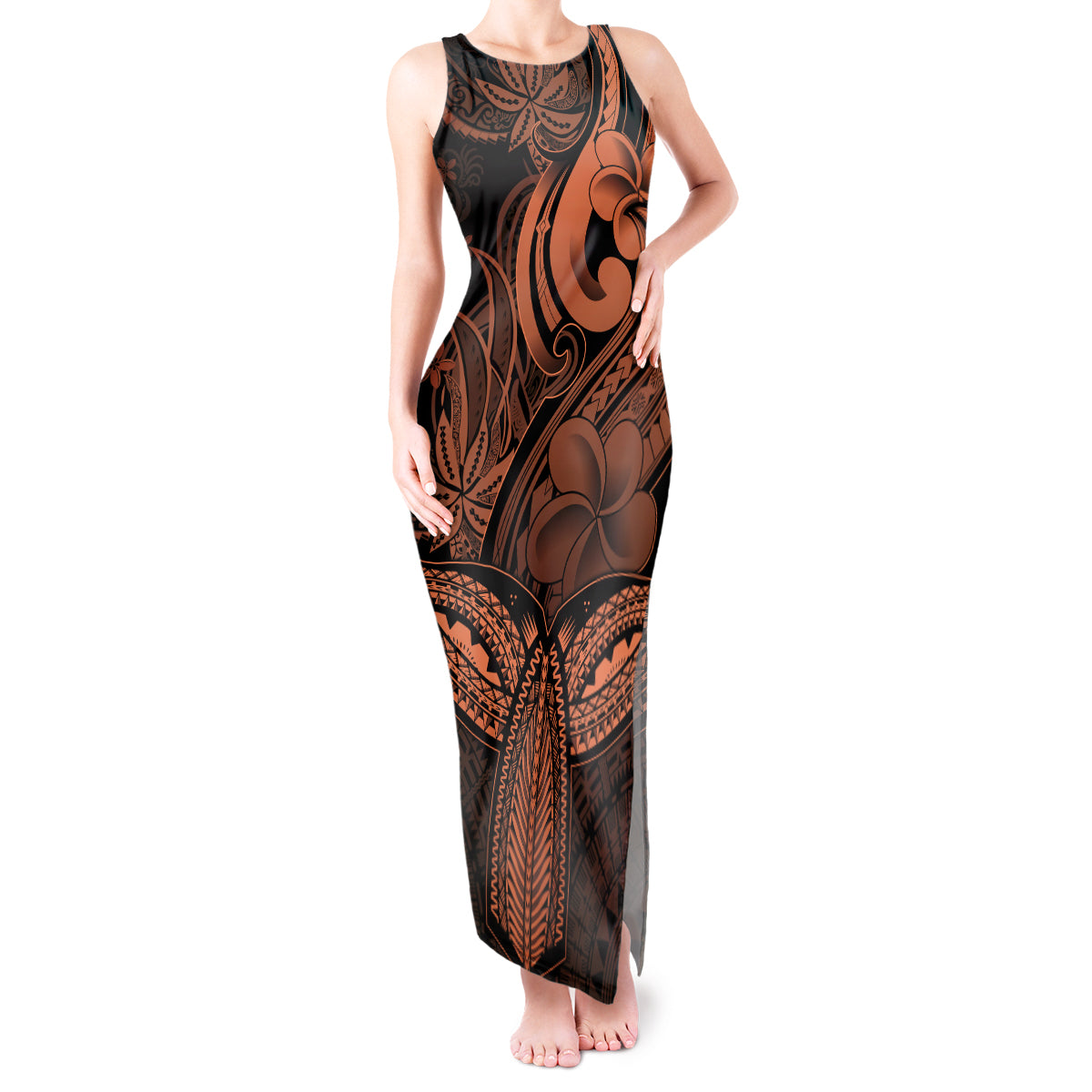 Polynesia Tank Maxi Dress Whale Tale and Polynesian Sunset Plumeria Gold LT9 Women Gold - Polynesian Pride