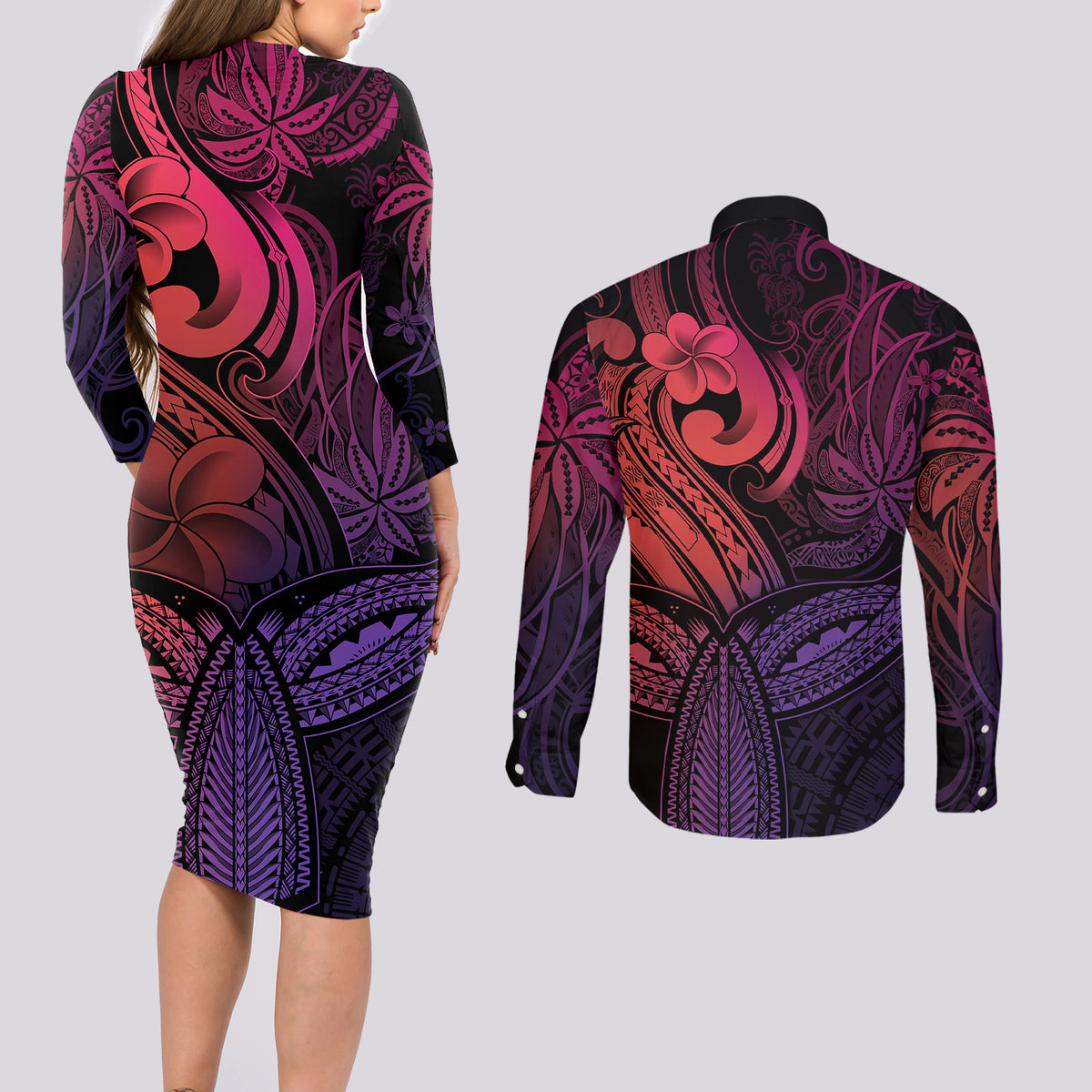 Polynesia Couples Matching Long Sleeve Bodycon Dress and Long Sleeve Button Shirts Whale Tale and Polynesian Sunset Plumeria Pink LT9 - Polynesian Pride