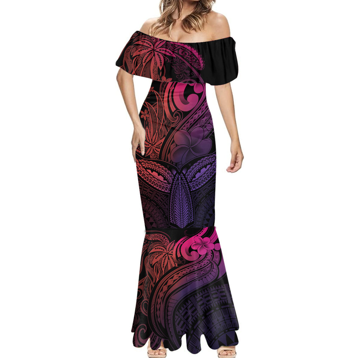 Polynesia Mermaid Dress Whale Tale and Polynesian Sunset Plumeria Pink LT9 - Polynesian Pride