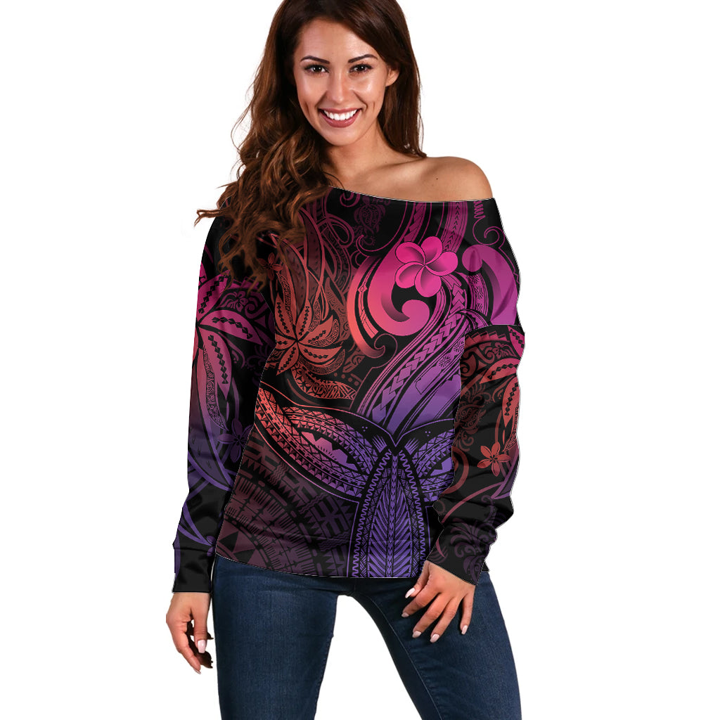 Polynesia Off Shoulder Sweater Whale Tale and Polynesian Sunset Plumeria Pink LT9 Women Pink - Polynesian Pride