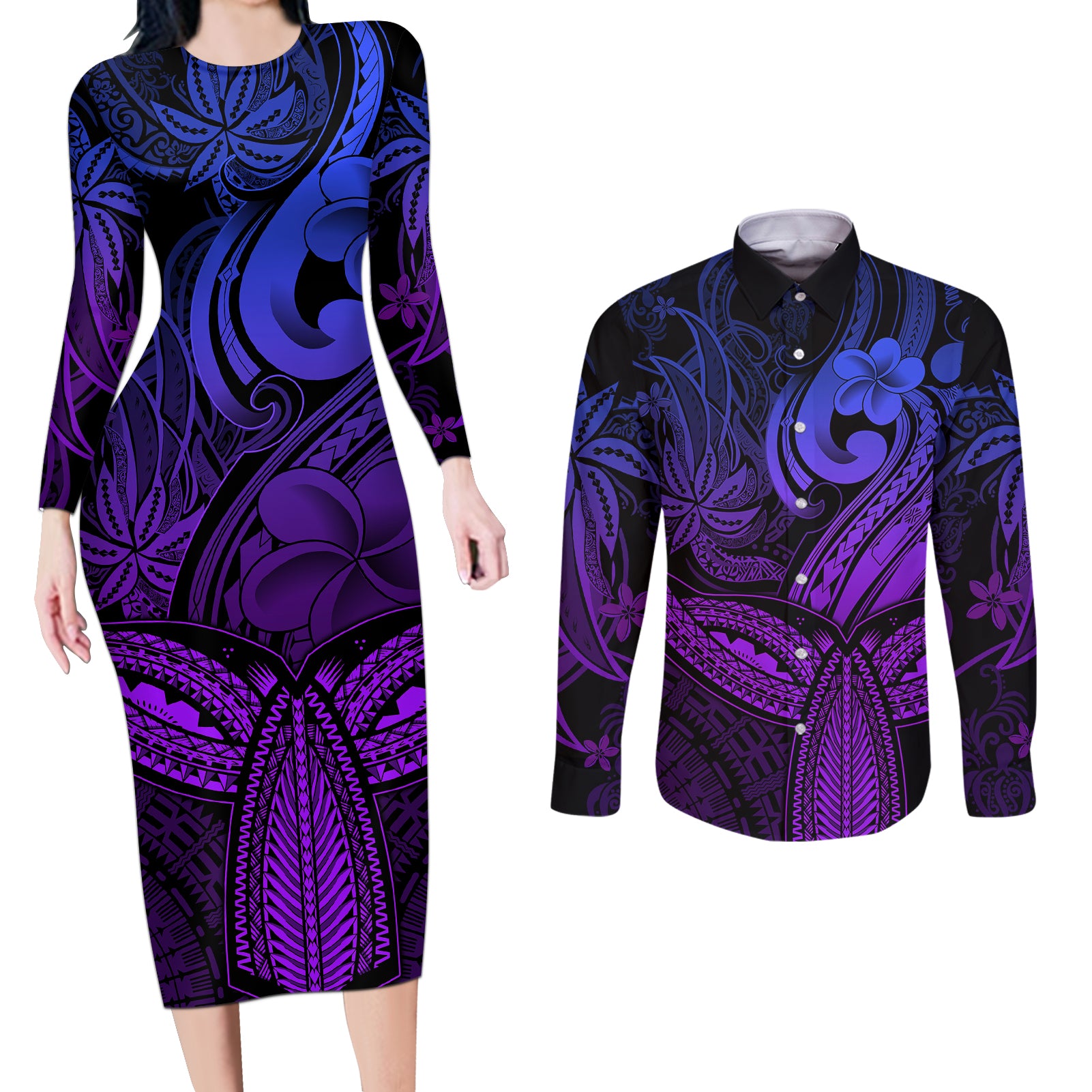 Polynesia Couples Matching Long Sleeve Bodycon Dress and Long Sleeve Button Shirts Whale Tale and Polynesian Sunset Plumeria Purple LT9 Purple - Polynesian Pride