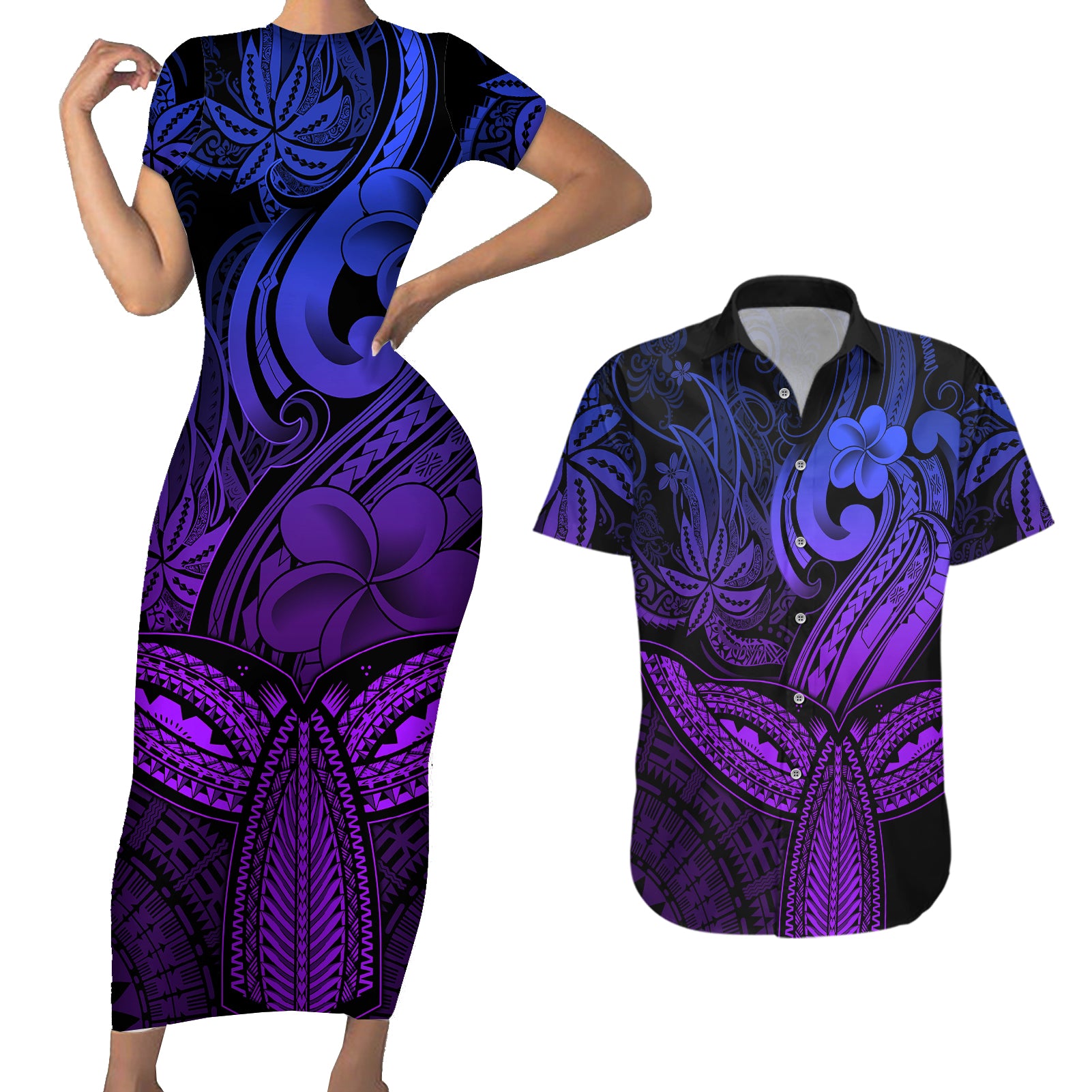 Polynesia Couples Matching Short Sleeve Bodycon Dress and Hawaiian Shirt Whale Tale and Polynesian Sunset Plumeria Purple LT9 Purple - Polynesian Pride