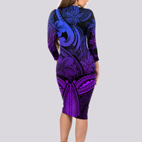 Polynesia Long Sleeve Bodycon Dress Whale Tale and Polynesian Sunset Plumeria Purple LT9 - Polynesian Pride