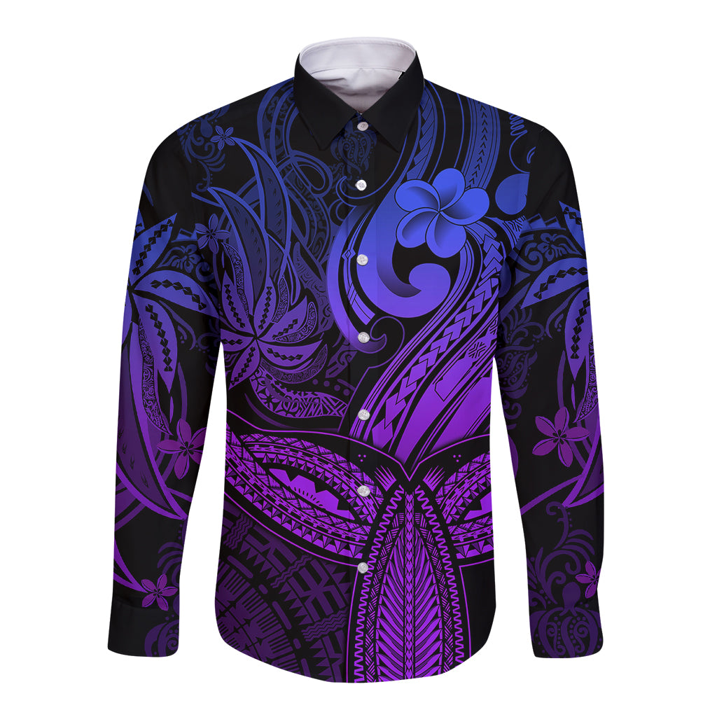 Polynesia Long Sleeve Button Shirt Whale Tale and Polynesian Sunset Plumeria Purple LT9 Unisex Purple - Polynesian Pride