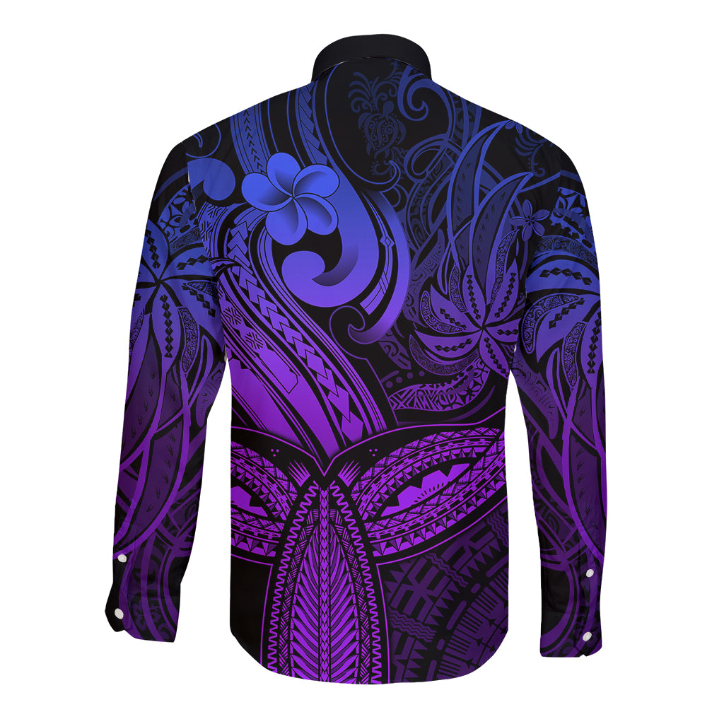 Polynesia Long Sleeve Button Shirt Whale Tale and Polynesian Sunset Plumeria Purple LT9 - Polynesian Pride
