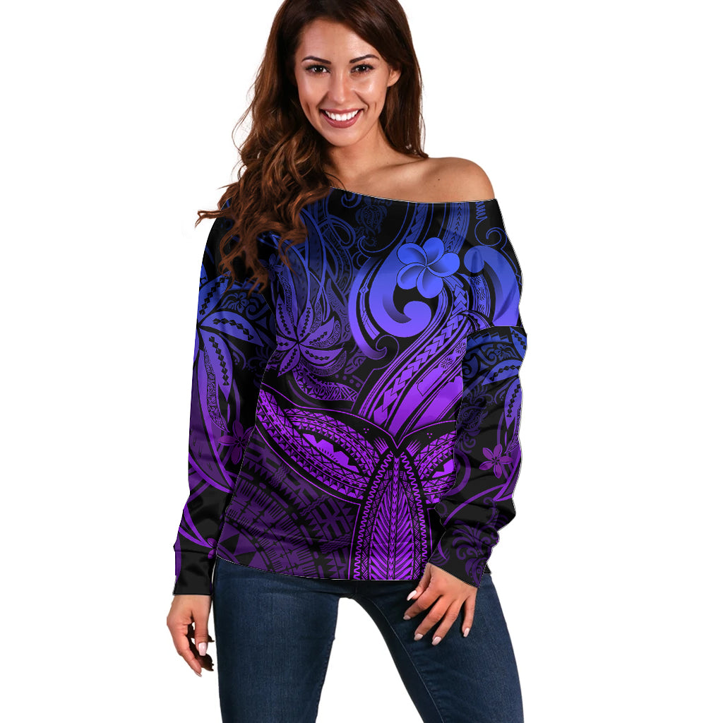 Polynesia Off Shoulder Sweater Whale Tale and Polynesian Sunset Plumeria Purple LT9 Women Purple - Polynesian Pride