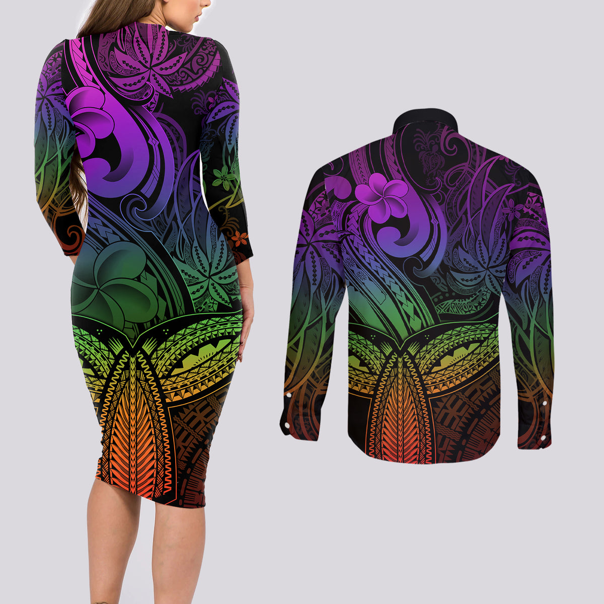 Polynesia Couples Matching Long Sleeve Bodycon Dress and Long Sleeve Button Shirts Whale Tale and Polynesian Sunset Plumeria Rainbow LT9 - Polynesian Pride