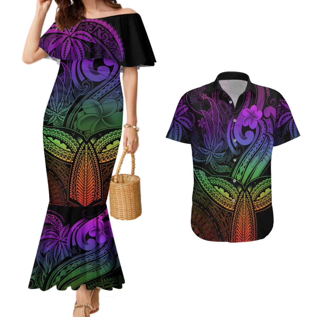 Polynesia Couples Matching Mermaid Dress and Hawaiian Shirt Whale Tale and Polynesian Sunset Plumeria Rainbow LT9 Rainbow - Polynesian Pride