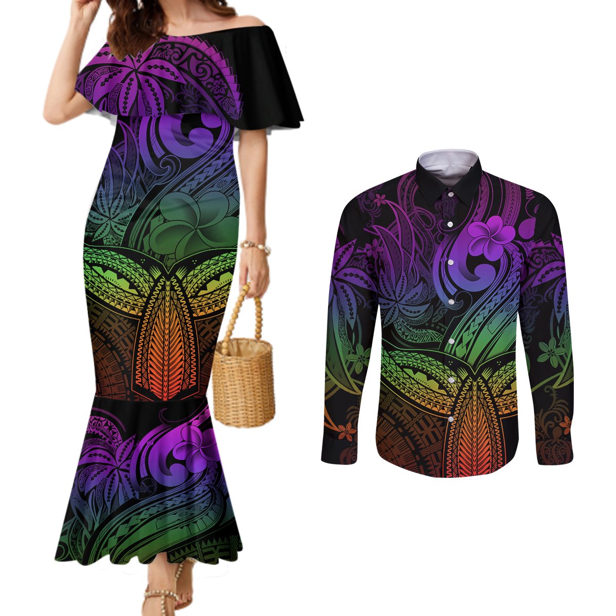Polynesia Couples Matching Mermaid Dress and Long Sleeve Button Shirts Whale Tale and Polynesian Sunset Plumeria Rainbow LT9 Rainbow - Polynesian Pride