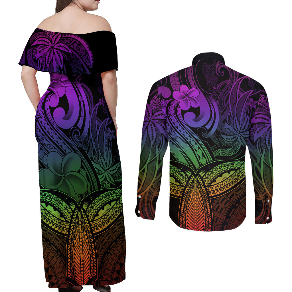 Polynesia Couples Matching Off Shoulder Maxi Dress and Long Sleeve Button Shirts Whale Tale and Polynesian Sunset Plumeria Rainbow LT9 - Polynesian Pride