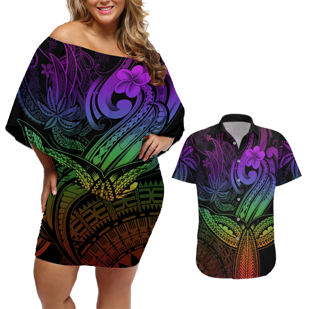 Polynesia Couples Matching Off Shoulder Short Dress and Hawaiian Shirt Whale Tale and Polynesian Sunset Plumeria Rainbow LT9 Rainbow - Polynesian Pride